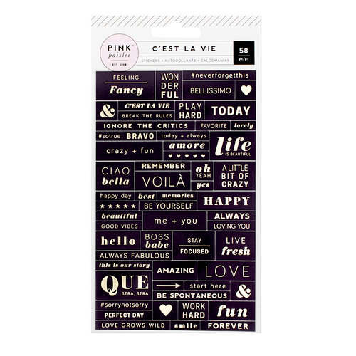 Pink Paislee - C'est La Vie Collection - Transparent Stickers with Foil Accents - Word Jumble