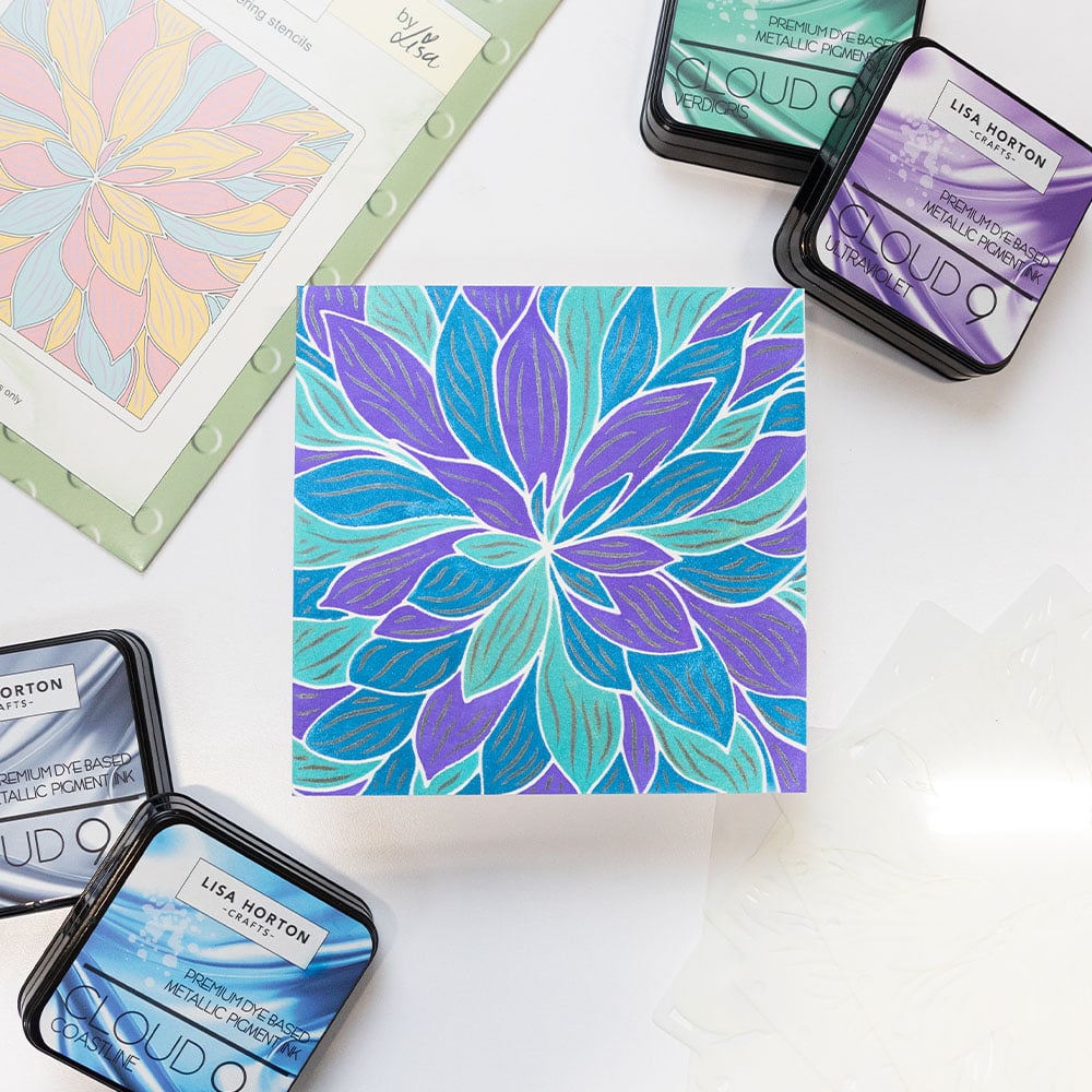 metallic inks in blue and purple on flower stencil