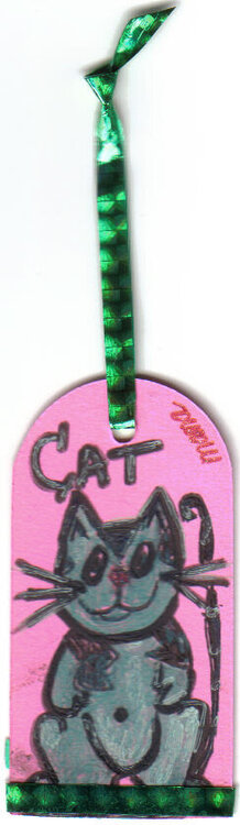 a tag with a green cat draen freehand