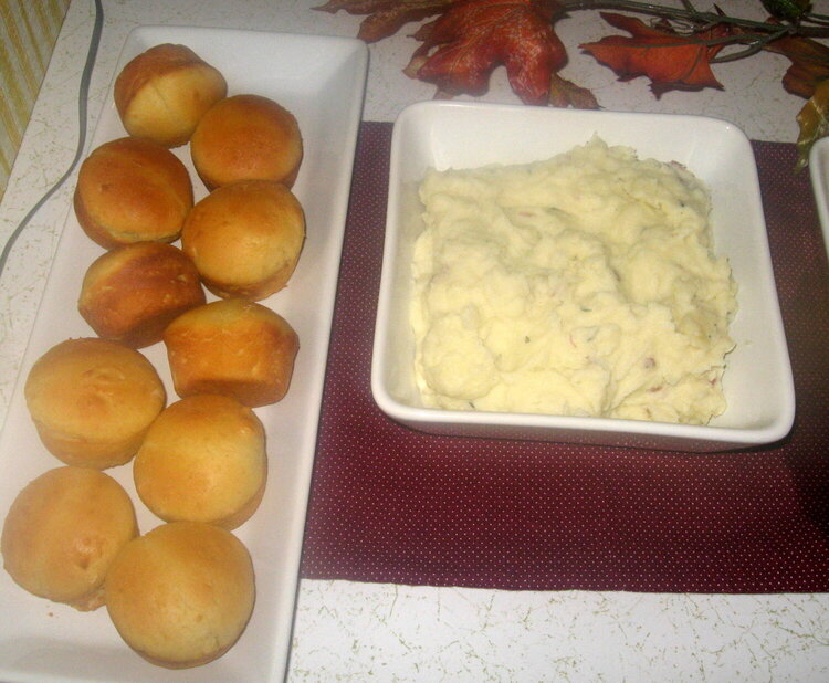 Homemade rolls and cheesy mashed red potatoes