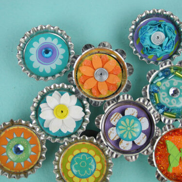 Bottle Cap Magnets using Fiskars Medium Lever Punches by Tania Willis