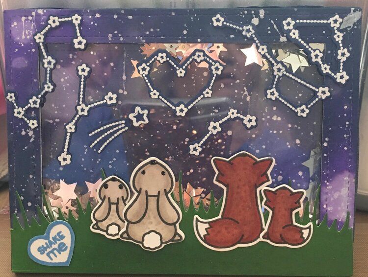 Shaker Card -- Mother &amp; Baby Fox &amp; Bunny Looking Up at Constellations