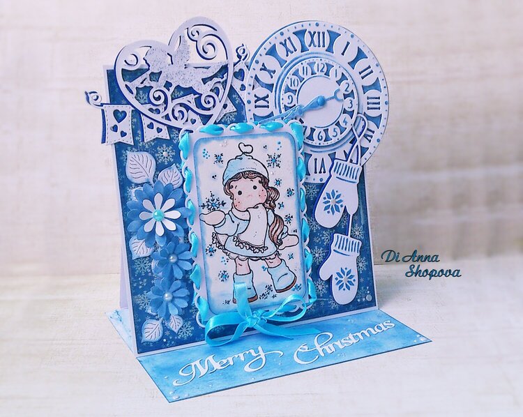 OOAK Magnolia Tilda Blue Christmas Easel Greeting card by Di Anna Shopova