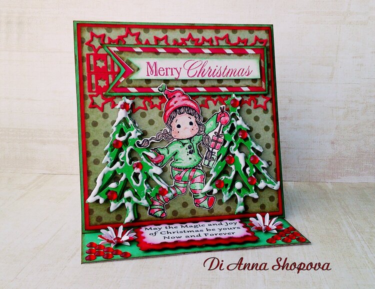 OOAK Magnolia Tilda Red &amp; Green Christmas Easel Greeting card by Di Anna Shopova