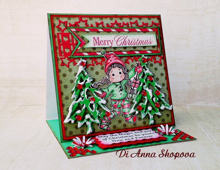 OOAK Magnolia Tilda Red &amp; Green Christmas Easel Greeting card by Di Anna Shopova