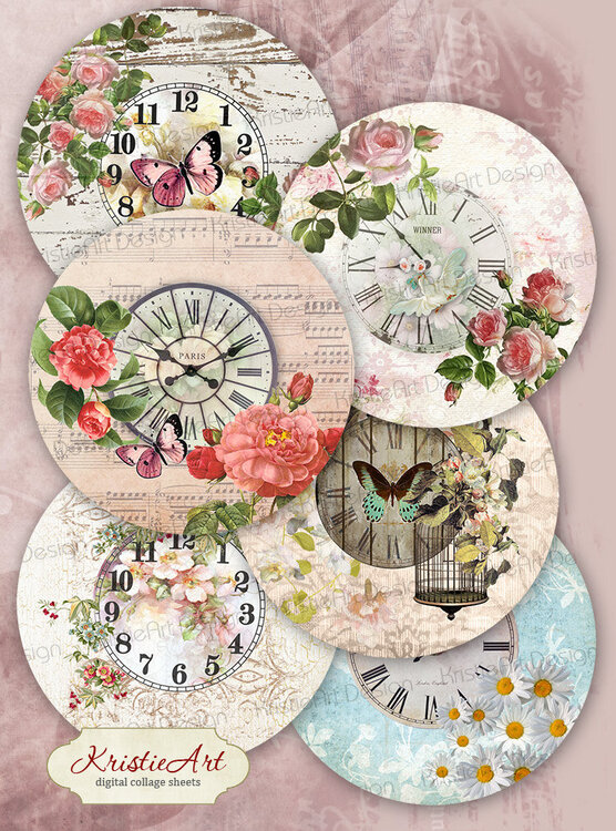 Digital collage sheet Clock in flowers