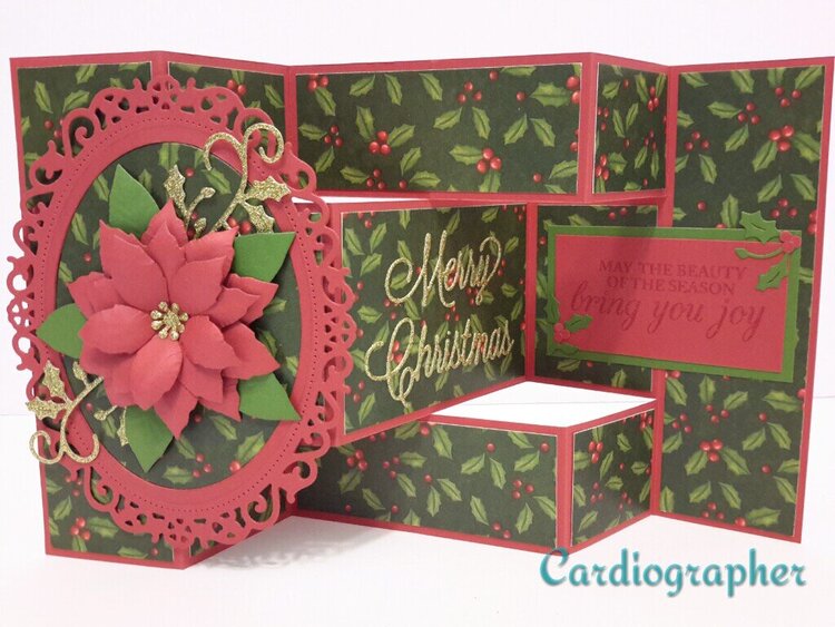 Tri-fold shutter card - holly and poinsettia