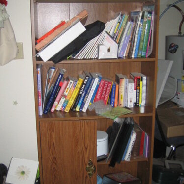 The bookshelf thats completely diorganized in my Scraproom