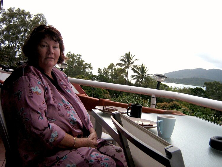 Kathy having breakfast at Airlie Beach queensland