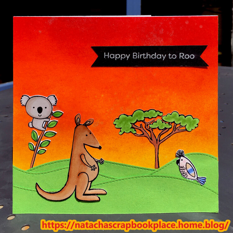 Birthday card - Lawn fawn : Stitched hillside borders - Stamps : My favorite things- Aussie animals.