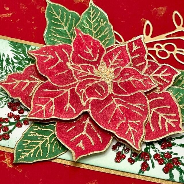 Christmas card with &quot;perfect poinsettias stamps by Simon Hurley&quot;.