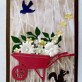 card with wheelbarrow, squirrel, flowers