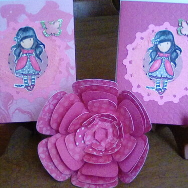 Gorjuss girl cards in pink with handmade pinkflower.