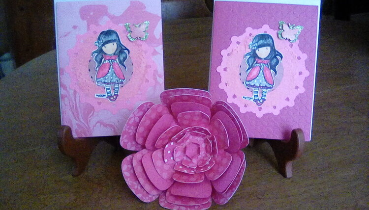 Gorjuss girl cards in pink with handmade pinkflower.