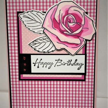Pink Gingham Rose Birthday Card