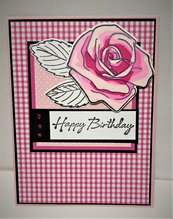 Pink Gingham Rose Birthday Card