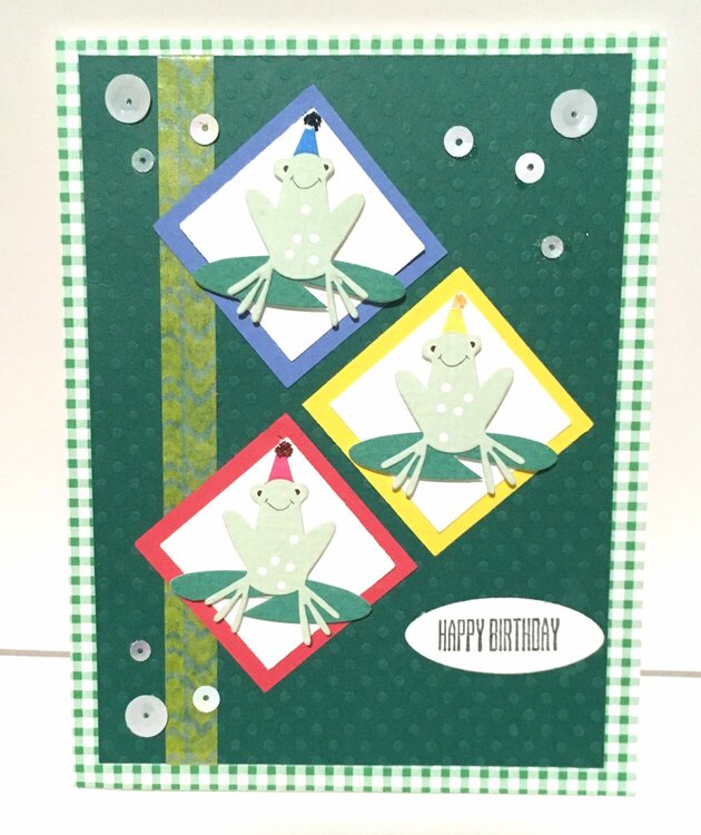 Three Frogs in Hats Birthday Card