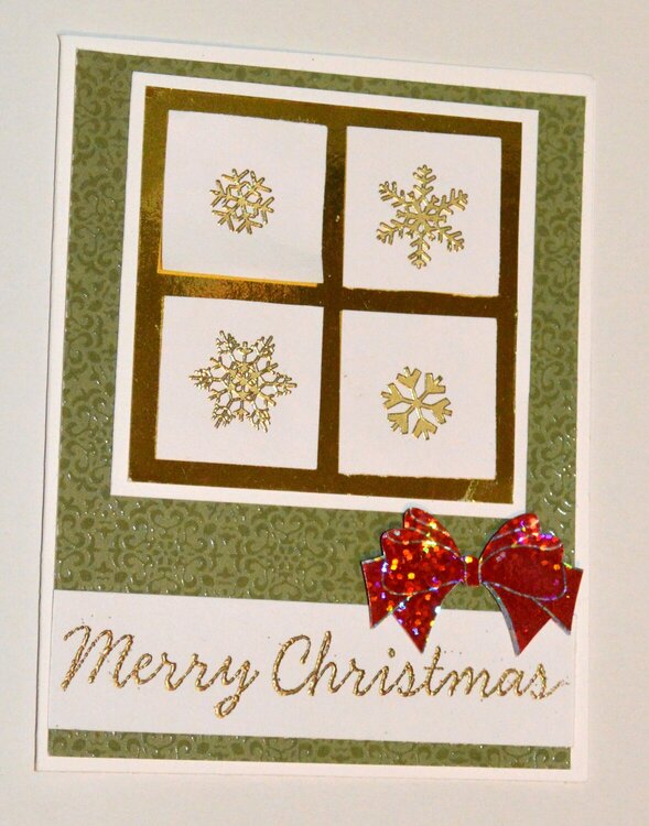 Green and Gold Snowflake and Red Ribbon Christmas Card