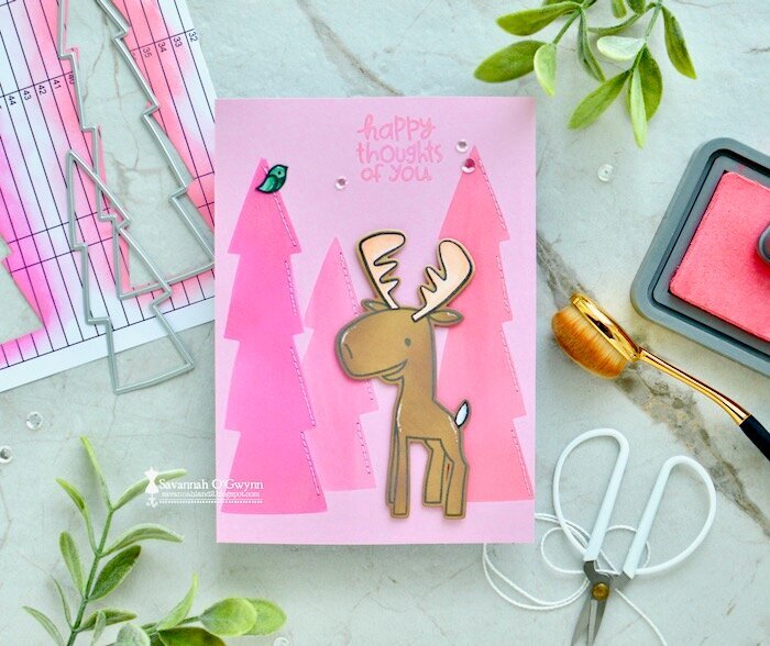 Happy Moose (pink stenciled trees)