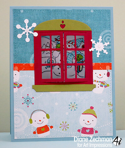 Christmas window snowman card using Art Impressions stamps