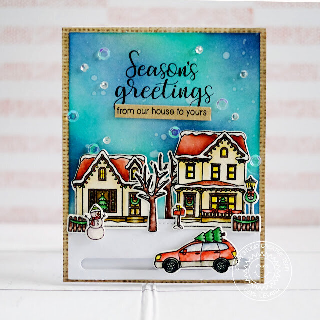 Sunny Studio Christmas Home Slider Card by Lexa Levana