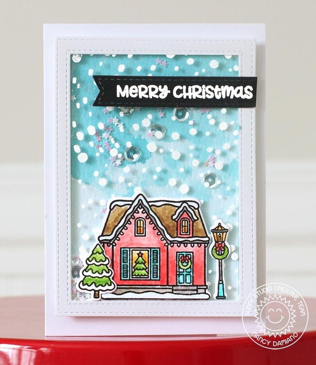 Sunny Studio Christmas Home Shaker Card by Nancy Damiano