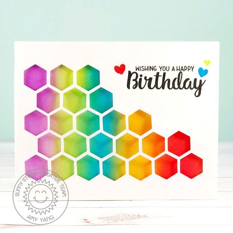 Sunny Studio Stamps Quilted Hexagon Card by Amy Yang