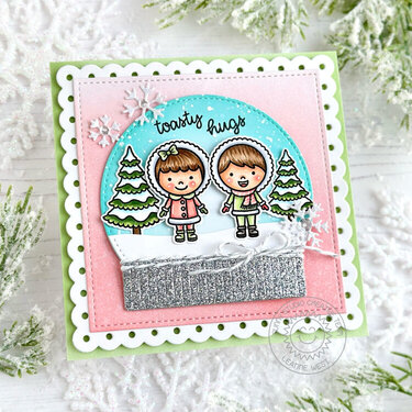 Sunny Studio Toasty Hugs Snow Globe Holiday Card by Leanne West