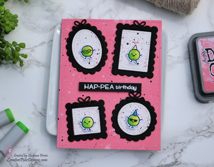 Lawn Fawn Be Hap-pea and Mini Picture Frames Birthday Card