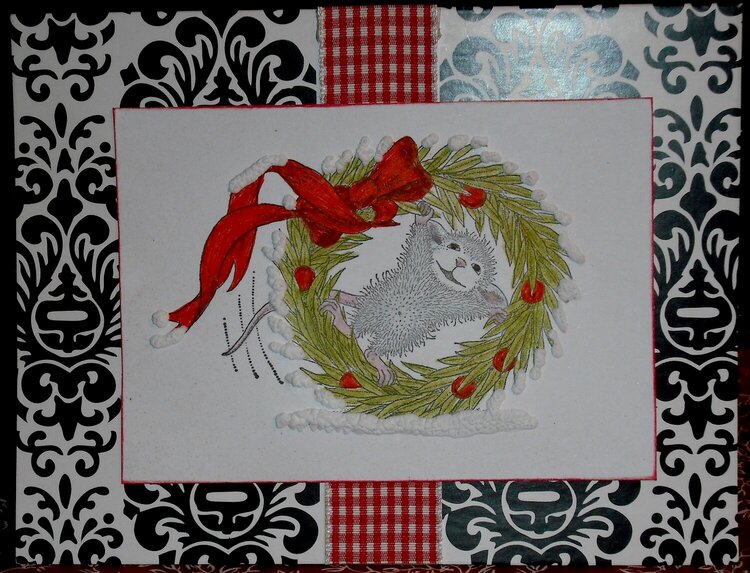 Gingham and Damask House Mouse Christmas card