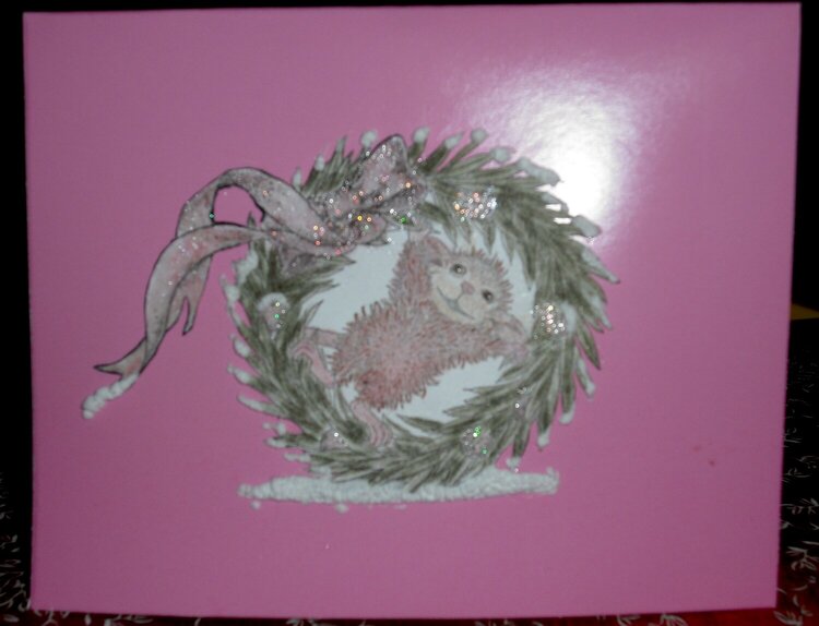 House Mouse Wreath Christmas Card on Pink