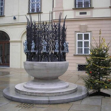 Some monument with christmas tree in the municipality courtyard