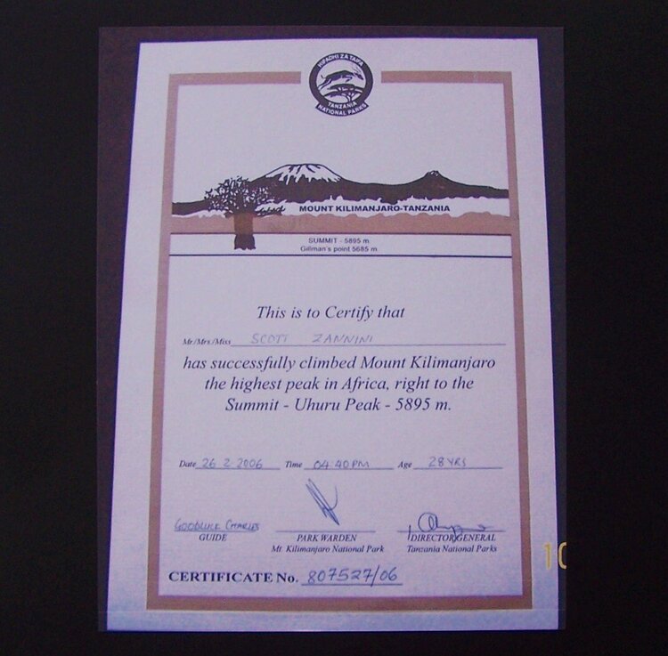 Kilimanjaro Certificate