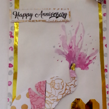 Gold, pink, white, and silver elephant anniversary card