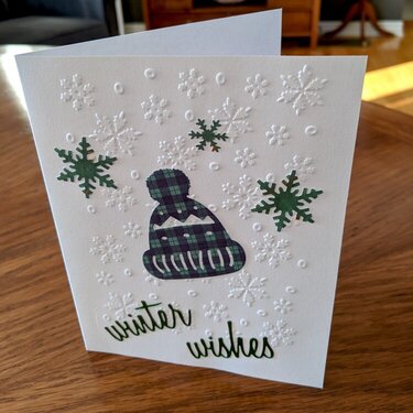 Green &amp; Blue Plaid Touque Winter Wishes Snowflake Christmas Card