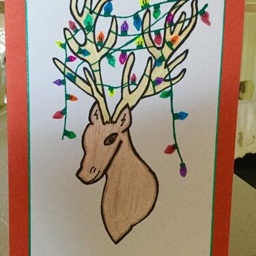 Hand-drawn Reindeer With Christmas Tree Lights Tangled in Antlers