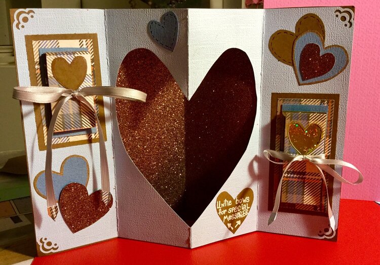 3D Heart Valentine with side foldout messages (Card opened with messages tied up with ribbons)