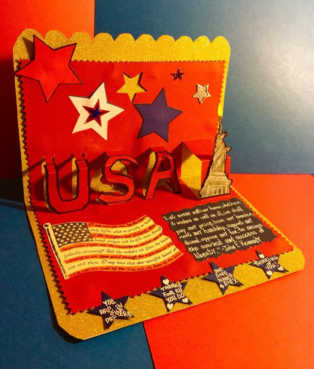 Pop-up USA and Statue of Liberty Deployed Military Card (side view of inside)