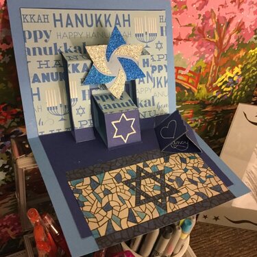 Inside of My Pop Up Hanukkah Card Made for Fan of Mosaics and the Color Blue