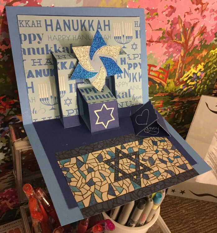 Inside of My Pop Up Hanukkah Card Made for Fan of Mosaics and the Color Blue