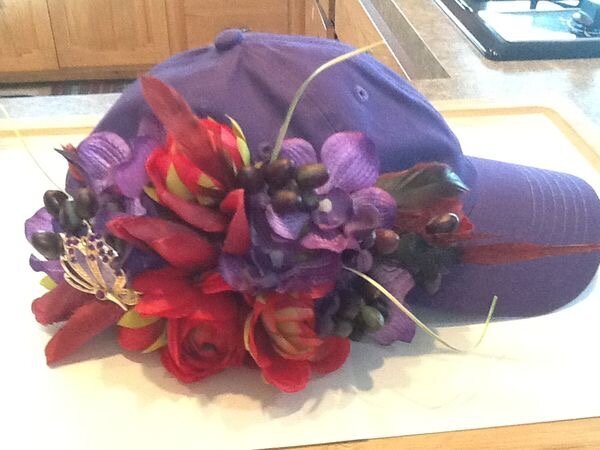 I created this hat to wear at the Red Hatters get togethers.