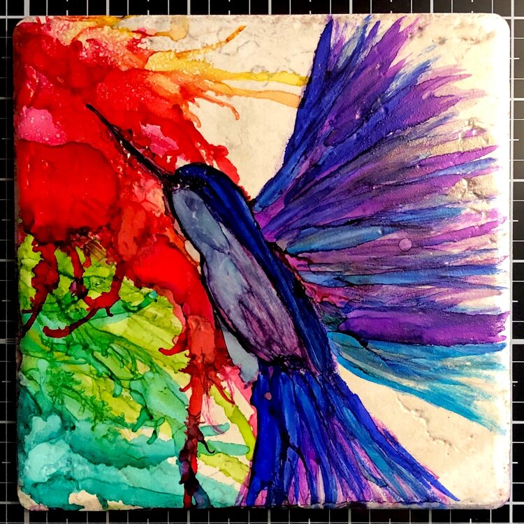 Hummingbird in Alcohol Ink on Stone Tile