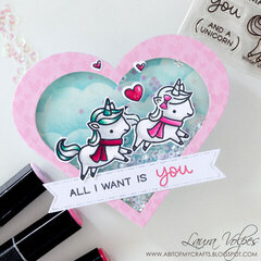 Heart Shaped Valentine Shaker Card feat Lawn Fawn Winter Unicorn