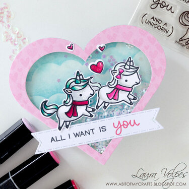 Heart Shaped Valentine Shaker Card feat Lawn Fawn Winter Unicorn