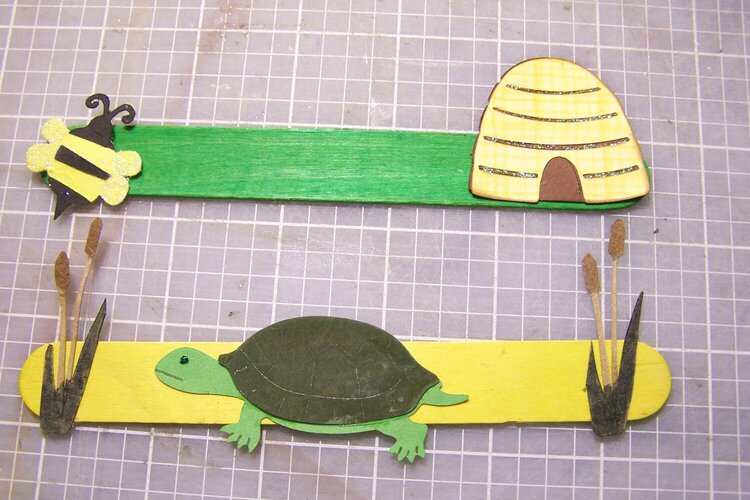 bee and hive and turtle popsicle sticks for spring swap