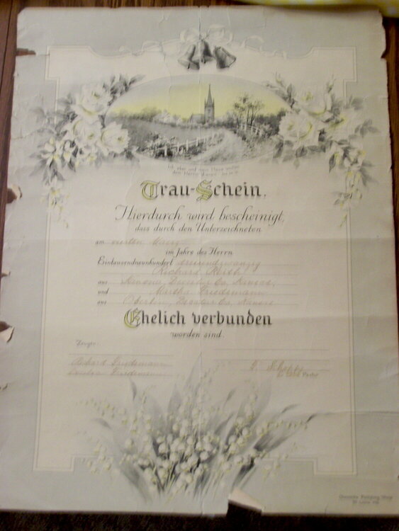 Richard Reith &amp; Martha Friedemann wedding certificate