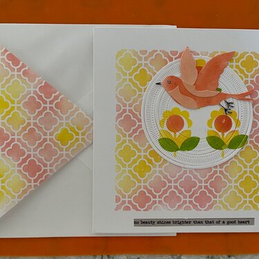 "No Beauty Shines Brighter Than That of a Good Heart" - Summery Stenciled die cut Flying Bird card using Peach and Yellow Colors