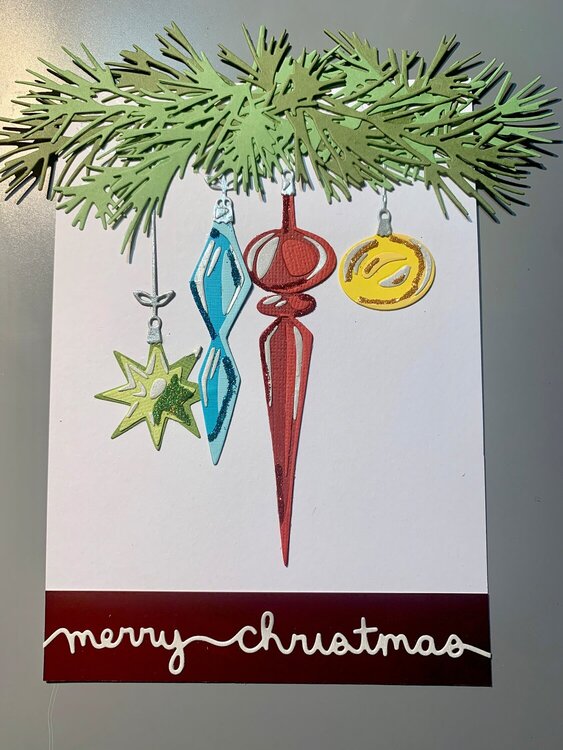 Finished card- Tim Holtz hanging ornaments