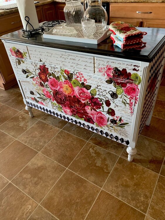 My kitchen island using Royal Burgundy Prima transfer