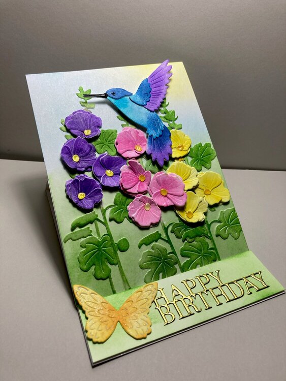 Birthday Card - hummingbird &amp; hollyhocks easel card
